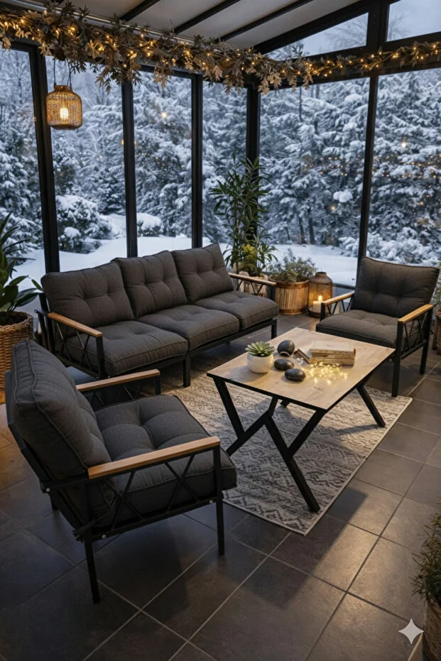 Miray 311 Masalı Antrasit Fermuarlı Bahçe Balkon Takımı, Salon, Teras- Berjer Düğmeli Metal Çay Seti